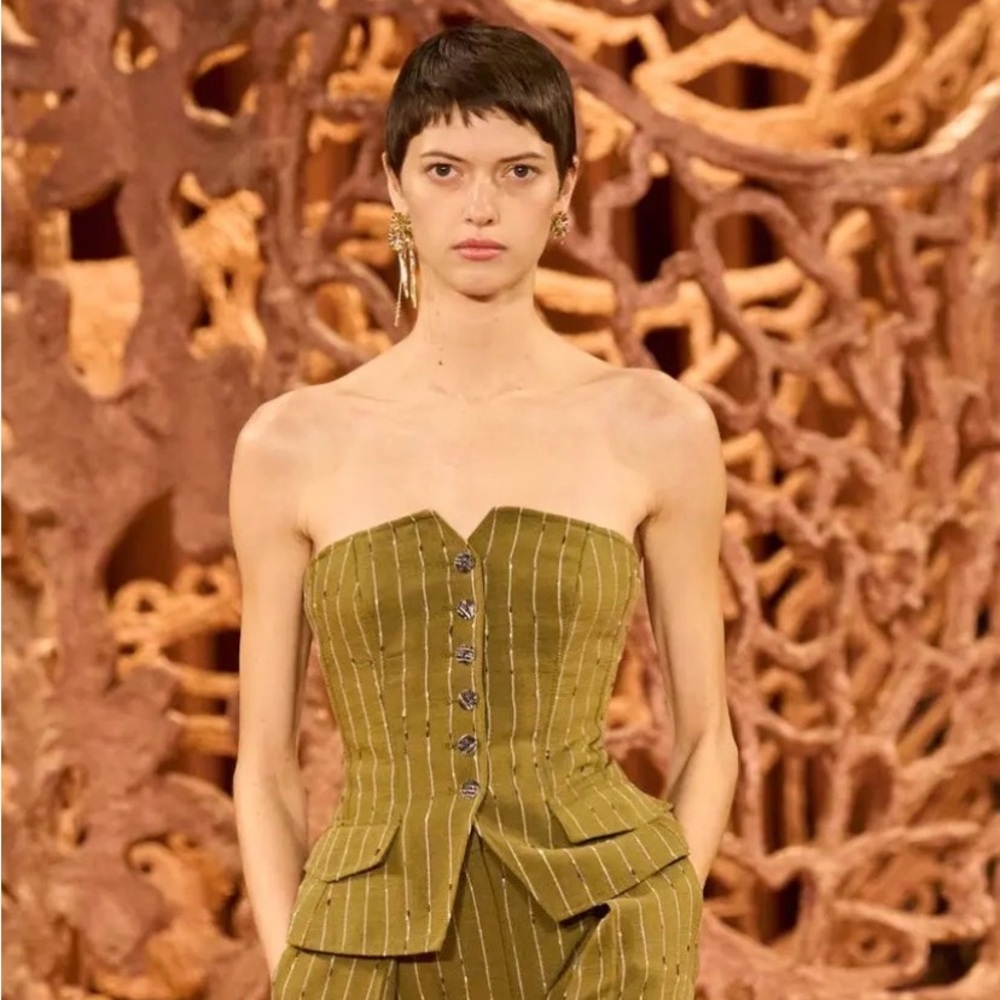 Ulla Johnson Noemie bustier corset top Olive stripe Strapless Peplum Top